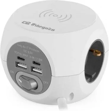 Regleta Orbegozo EN 4500 con Carga inalámbrica/ 3 Tomas de corriente/ 2 USB - 2 USB Tipo C/ Cable 1.5m/ Blanca y Gris