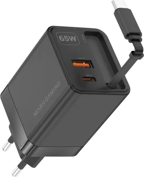 CARGADOR USB PARED USB-C + USB-A GaN 65W NEGRO MARS GAMING