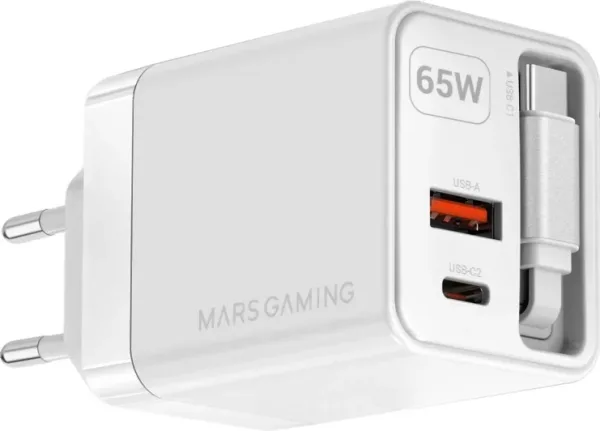 CARGADOR USB PARED USB-C + USB-A GaN 65W BLANCO MARS GAMING