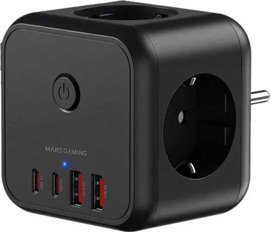 CARGADOR CUBO 3xAC + 2xUSB-C + 2xUSB-A 20W PD+GaN TYPE-F NEGRO MARS GAMING
