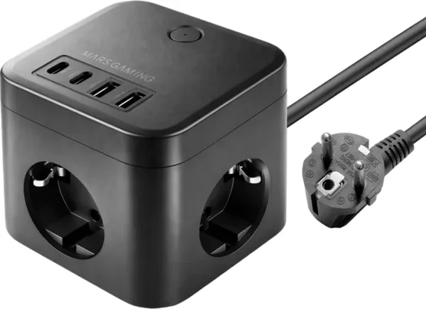 CARGADOR CUBO 3xAC + 2xUSB-C + 2xUSB-A 35W PD+GaN TYPE-F NEGRO MARS GAMING