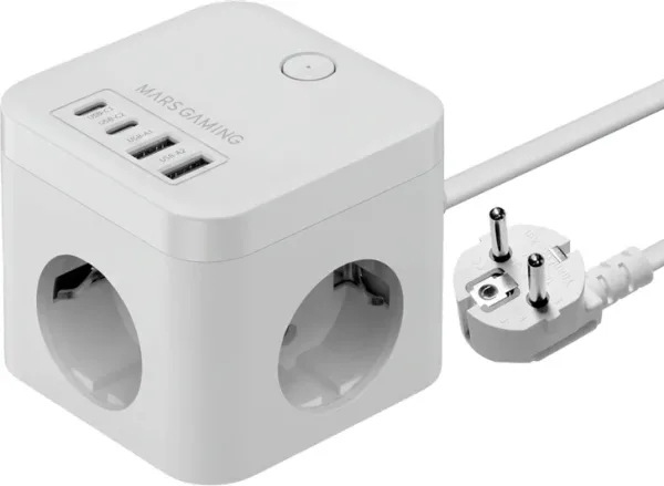 CARGADOR CUBO 3xAC + 2xUSB-C + 2xUSB-A 35W PD+GaN TYPE-F BLANCO MARS GAMING