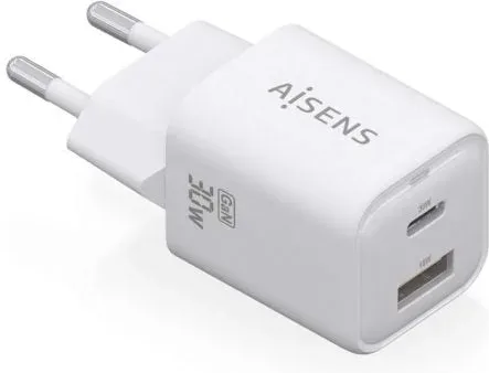 Cargador de Pared GaN Aisens ASCH-30W2P020-W/ 1xUSB Tipo-C/ 1xUSB/ 30W