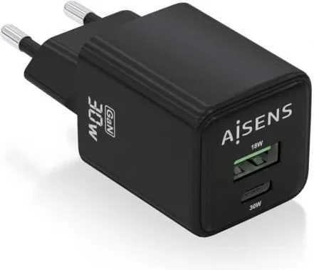 Cargador de Pared GaN Aisens ASCH-30W2P038-BK/ 1xUSB Tipo-C/ 1xUSB/ 30W