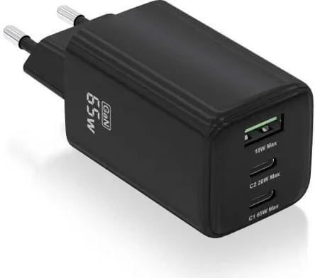 Cargador de Pared GaN Aisens ASCH-65W3P042-BK/ 2xUSB Tipo-C/ 1xUSB/ 65W