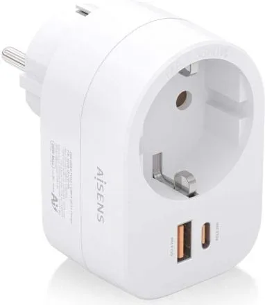Enchufe Aisens ASPS-1A1C06-W/ 1 Toma de Corriente/ 1 USB Tipo-C PD/ 1 USB/ Blanco