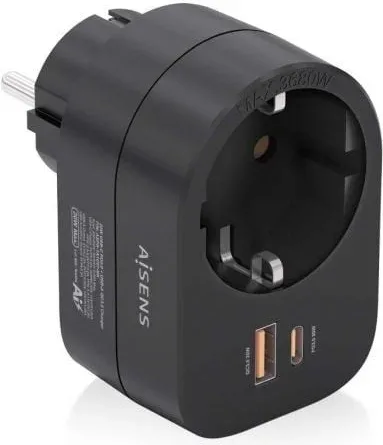 Enchufe Aisens ASPS-1A1C07-BK/ 1 Toma de Corriente/ 1 USB Tipo-C PD/ 1 USB/ Negro
