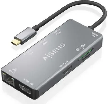 Hub Aisens USB-C Dock 9 en 1 USB-C 2Xhdmi Rj45 2Xusb-A 3.0 USB-A 2.0 Pd