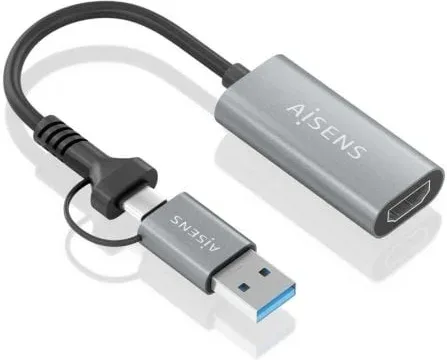 Conversor HDMI Aisens A109-0913/ USB + USB Tipo-C 3.1 Macho - HDMI Macho/ 15cm/ Gris