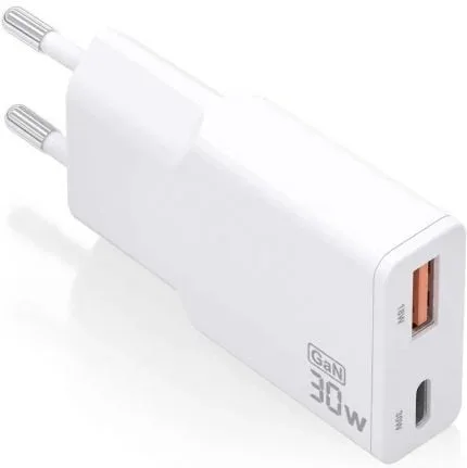 Cargador de Pared GaN Aisens ASCH-30W2P046-W/ 1xUSB Tipo-C/ 1xUSB/ 30W/ Blanco