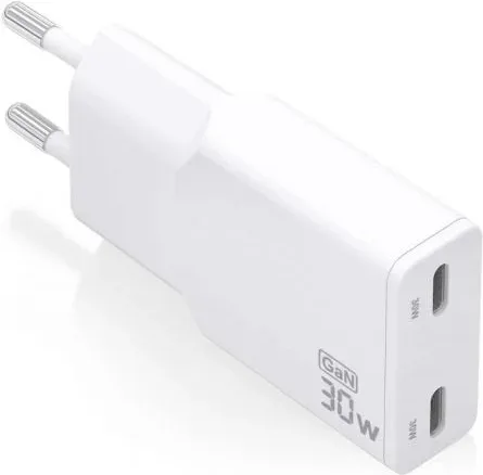 Cargador de Pared GaN Aisens ASCH-30W2P048-W/ 2xUSB Tipo-C/ 30W/ Blanco