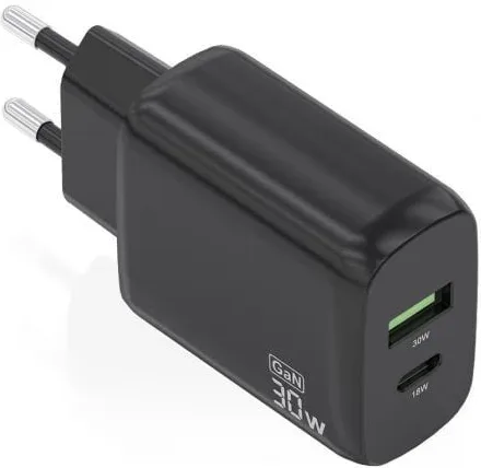 Cargador de Pared GaN Aisens A110-0924/ 1xUSB Tipo-C/ 1xUSB/ 30W/ Negro