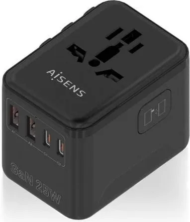 Cargador de Pared Universal GaN para Viaje Aisens ASPS-2A2C08-BK/ Toma de Corriente Universal/ 2xUSB Tipo-C/ 2xUSB/ 25W