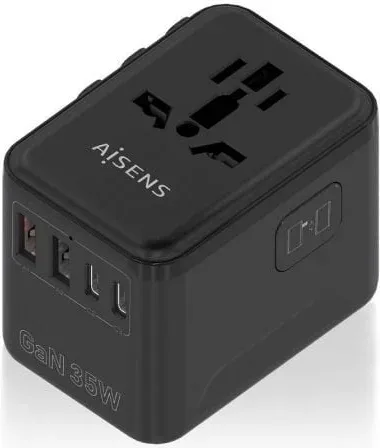 Cargador de Pared Universal GaN para Viaje Aisens ASPS-2A3C09-BK/ Toma de Corriente Universal/ 3xUSB Tipo-C/ 2xUSB/ 35W
