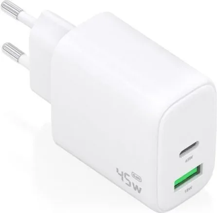 Adaptador AC Cargador GaN 45W 1xUSB-C PD3.0 QC4.0, 1xUSB-A QC3.0