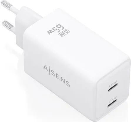 Cargador de Pared GaN Aisens ASCH-65W2P078-W/ 2xUSB Tipo-C/ 65W/ Blanco