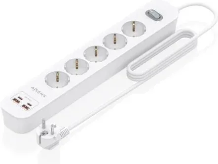 Regleta con Interruptor Aisens ASPS-2A2C14-W/ 5 Tomas de Corriente/ 2 USB - 2 USB Tipo-C/ Cable 1.4m/ Blanco