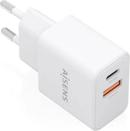 Cargador de Pared GaN Aisens A110-1025/ 1xUSB Tipo-C/ 1xUSB/ 20W/ Blanco