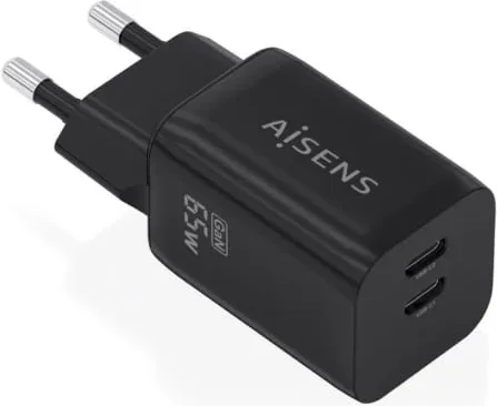 Cargador de Pared GaN Aisens A110-1030/ 2xUSB Tipo-C/ 65W/ Negro