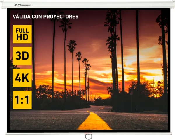 Pantalla manual videoproyector pared y techo phoenix 169´´ ratio: 1:1 - 4:3 - 16:9 -   3m x 3m posicion ajustable - carcasa blanca - tela super resistente