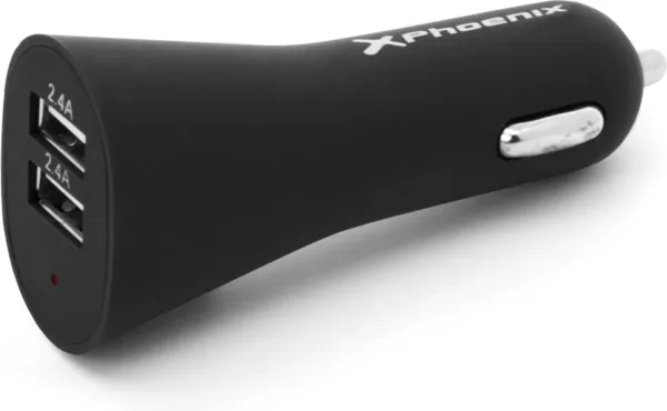 Cargador universal phoenix phcarcharger2usb+ para coche -  mechero  5v - 2 x USB 4.8a con luz LED color negro acabado en silicona