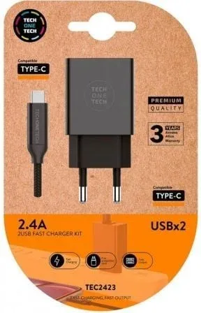 Cargador de Pared Tech One Tech TEC2423/ 2xUSB + Cable USB Tipo-C/ 12W/ Negro
