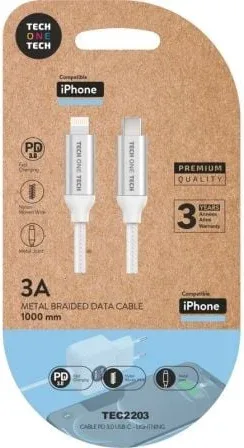 Cable USB Tipo-C Lightning Tech One Tech TEC2203/ Lightning Macho - USB Tipo-C Macho/ Hasta 20W/ 480Mbps/ 1m/ Blanco