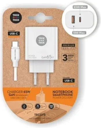 Cargador de Pared GaN Tech One Tech PD TEC2273 / 1xUSB Tipo-C/ 1xUSB/ 65W