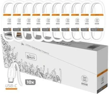 Pack 10 Cables USB 2.0 Tech One Tech Basik TEC2953/ USB Macho - USB Tipo-C Macho/ 1m/ Blanco
