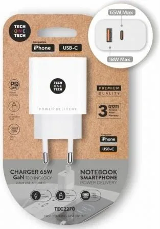 Cargador de Pared GaN Tech One Tech GaN TEC2270/ 1xUSB Tipo-C/ 1xUSB/ 65W/ Blanco
