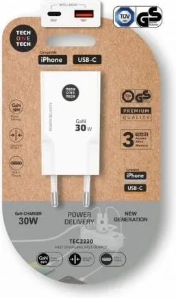 Cargador de Pared GaN Tech One Tech GaN TEC2230/ 1xUSB Tipo-C/ 1xUSB/ 30W/ Blanco