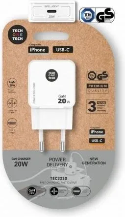 Cargador de Pared GaN Tech One Tech GaN TEC2220/ 1xUSB Tipo-C/ 20W/ Blanco