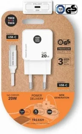 Cargador de Pared Tech One Tech TEC2221/ 1xUSB Tipo-C + Cable USB Tipo-C/ 20W/ Blanco