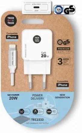 Cargador de Pared Tech One Tech TEC2222/ 1xUSB Tipo-C + Cable Lightning/ 20W/ Blanco