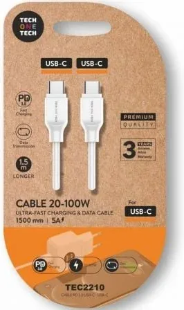 Cable USB 2.0 Tipo-C Tech One Tech TEC2210/ USB Tipo-C Macho - USB Tipo-C Macho/ Hasta 100W/ 480Mbps/ 1.5m/ Blanco