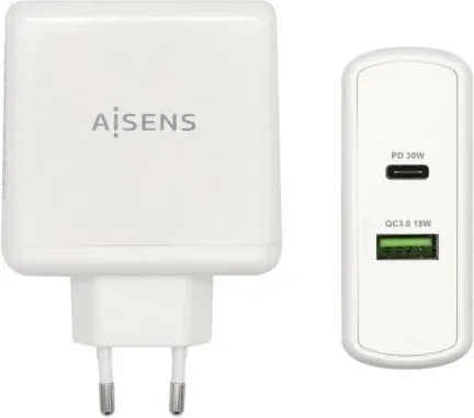 Cargador de Pared Aisens ASCH-2PD30QC-W/ 1xUSB Tipo-C/ 1x USB/ 48W