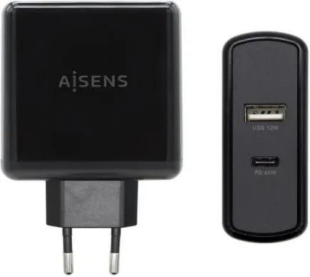 Cargador de Pared Aisens ASCH-2PD45A-BK/ 1xUSB Tipo-C/ 1x USB/ 57W