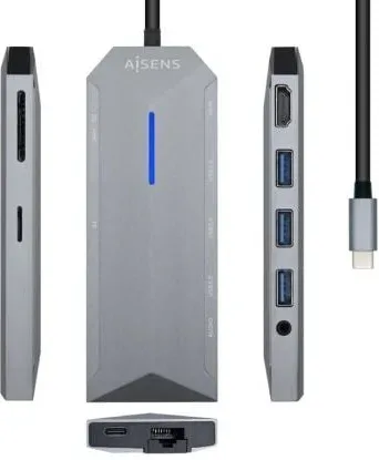 Docking USB Tipo-C Aisens ASUC-9P001-GR/ 1xHDMI 4K/ 3xUSB/ 1xRJ45/ 1xAudio/ 1xLector Tarjetas / 1xUSB Tipo-C PD/ Gris