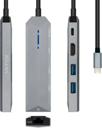 Docking USB Tipo-C Aisens ASUC-5P003-GR/ 1xHDMI 4K/ 2xUSB/ 1xRJ45/ 1xUSB Tipo-C PD/ Gris