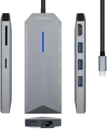 Docking USB Tipo-C Aisens ASUC-8P004-GR/ 1xHDMI 4K/ 3xUSB/ 1xRJ45/ 1xLector Tarjetas / 1xUSB Tipo-C PD/ Gris