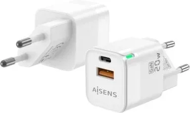 Cargador de Pared GaN Aisens ASCH-20W2P002-W/ 1xUSB Tipo-C/ 1xUSB/ 20W