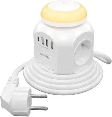 Regleta con Interruptor y Luz Nocturna Aisens ASPS-3A1CL01-W/ 4 Tomas de Corriente/ 1 USB Tipo-C/ 3 USB/ Cable 1.8m/ Blanco