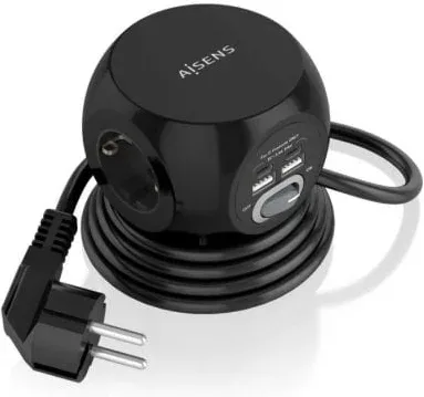 Regleta con Interruptor Aisens ASPS-2A2C05-BK/ 3 Tomas de Corriente/ 2 USB Tipo-C/ 2 USB/ Cable 1.4m/ Negro