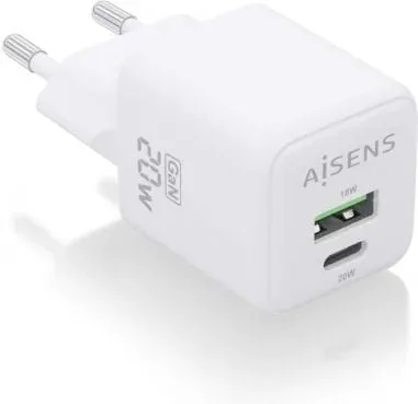 Cargador de Pared GaN Aisens ASCH-20W2P010-W/ 1xUSB Tipo-C/ 1xUSB/ 20W