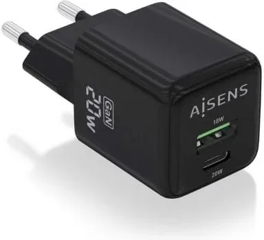 Cargador de Pared GaN Aisens ASCH-20W2P011-BK/ 1xUSB Tipo-C/ 1xUSB/ 20W