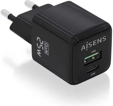 Cargador de Pared GaN Aisens ASCH-25W2P015-BK/ 1xUSB Tipo-C/ 1xUSB/ 25W