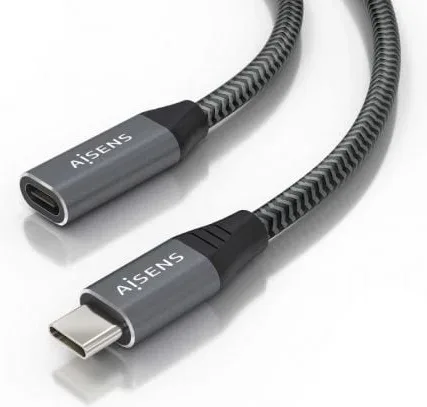 Cable Alargador USB 3.2 Aisens A107-0760/ USB Tipo-C Macho - USB Tipo-C Hembra/ Hasta 100W/ 20Gbps/ 50cm/ Gris
