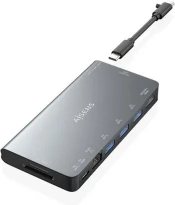 Docking USB Tipo-C Aisens ASUC-8P015-GR/ 1xHDMI 4K/ 3xUSB/ 1xRJ45/ 1xLector Tarjetas / 1xUSB Tipo-C/ Gris