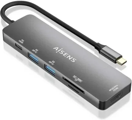Docking USB Tipo-C Aisens ASUC-6P016-GR/ 1xHDMI 4K/ 2xUSB/ 1xLector Tarjetas/ 1xUSB Tipo-C PD/ Gris