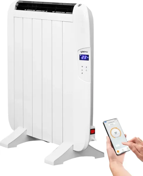 Yoevu -  radiador eléctrico bajo consumo - 4 elementos - 900 w - temporizador - programable - mando a distancia - pantalla LCD - app control WiFi - compatible con alexa - apto pared o pie - aluminio - blanco